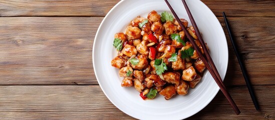 Aufkleber - Chinese cuisine kung pao chicken on a white plate with chopsticks on a wooden table top view and copyspace