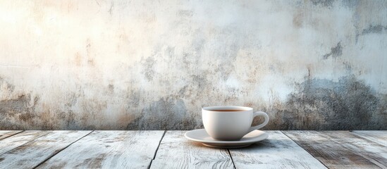 Poster - Tea cup on aged white wood. with copy space image. Place for adding text or design
