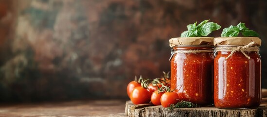 Poster - Homemade tomato sauce in jars displayed on a table Side view with a space for text copyspace