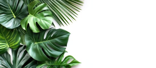 Poster - Top view of a branch of tropical palm leaves and a swiss cheese plant set against a white background with copy space