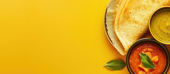 Poster - Close up of Masala Dosa accompanied by Sambhar and Coconut Chutney set against a yellow background with copyspace