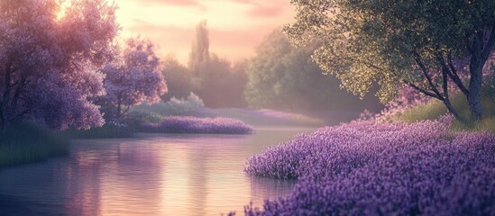 Aufkleber - lavender blossoms beside the river at twilight. with copy space image. Place for adding text or design