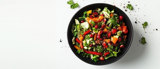 Poster - Bowl of salad with parsley pepper and spices seen from above against a white background. with copy space image. Place for adding text or design