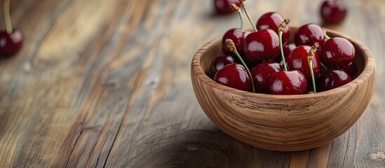 Aufkleber - wooden bowl containing ripe red cherries on a brown wooden table. with copy space image. Place for adding text or design