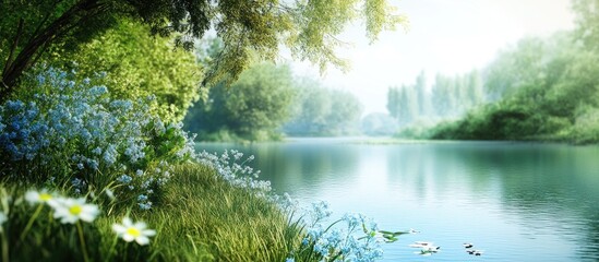 Leinwandbilder - Nature with Blue and Green Trimmed Elements. with copy space image. Place for adding text or design