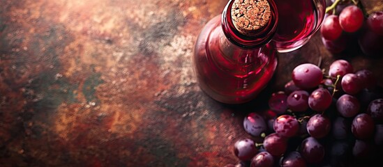 Aufkleber - Top view of a red wine bottle Macro selective focus on the cork A wine bottle glass and grapes on a vintage backdrop Copy space wine concept