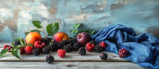 Fototapete - Blackberries and fruit on a weathered wooden table Blue fabrics Copy space