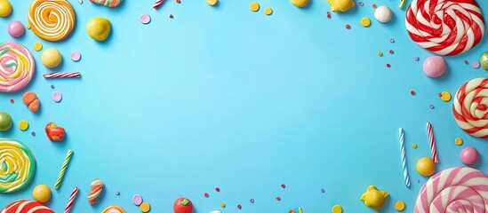 Poster - Children s birthday party background frame featuring sweets and lollipops on a blue surface space. with copy space image. Place for adding text or design