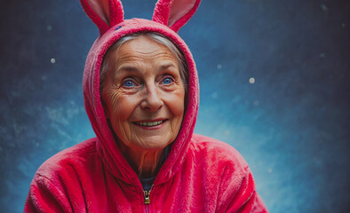 Poster - Woman in a pink bunny costume is smiling. She is wearing a pink hoodie and has a blue background