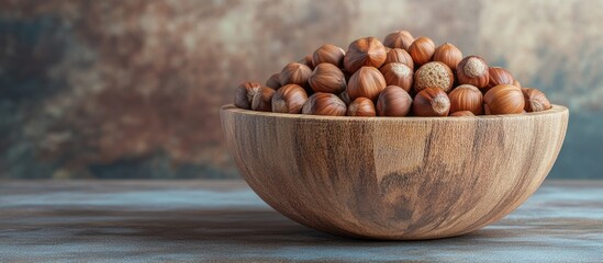 Aufkleber - Wooden bowl filled with hazelnuts situated on a table in the studio Concept of a nutritious healthy nut snack. with copy space image. Place for adding text or design