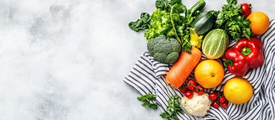 Poster - Festive arrangement of fresh vegetables and fruit on a striped towel. with copy space image. Place for adding text or design