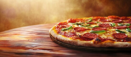 Fototapete - Delicious pizza featuring salami and green peppers along with a table image. with copy space image. Place for adding text or design