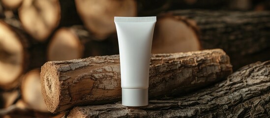 Poster - A tube of white cream rests on a stack of wood. with copy space image. Place for adding text or design