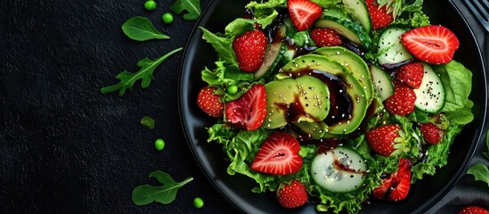 Aufkleber - summer salad featuring strawberries avocado lettuce onion cucumber and green peas drizzled with balsamic sauce copyspace