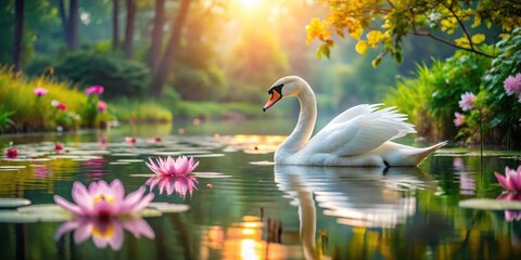 Wall Mural - Serene water lily pond with majestic white swan floating on calm lake surface surrounded by lush greenery and vibrant flowers