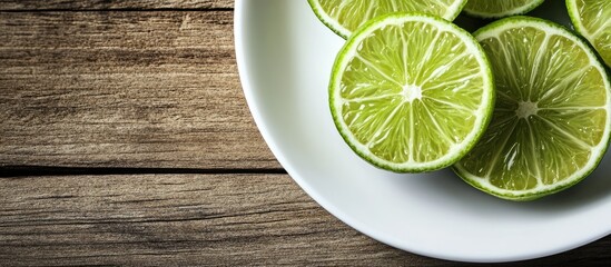 Leinwandbilder - Fresh lime Close up of sliced limes on a white plate Wooden table Copy space