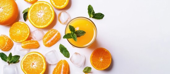 Poster - Fresh orange juice in a glass alongside tangerines and mint with ice on a white background Top view copy space Warm summer day Celebration