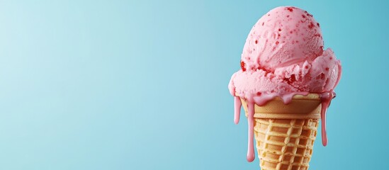 Aufkleber - Strawberry ice cream dripping and overflowing from the waffle cone against a blue background Minimalist summer food theme Empty copyspace
