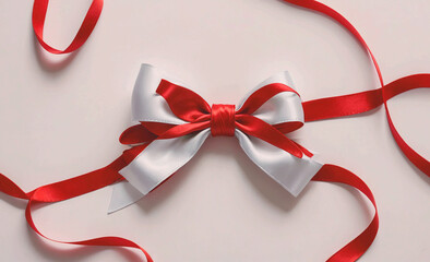 Poster - red and white ribbon bow is on a white background. the bow is made of satin ribbon and is tied in a 