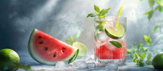 Poster - Fresh red watermelon mojito Made with watermelon lemon lime mint leaves and ice The drink is placed on a white table with half a watermelon in the background and scattered ice and mint on the table