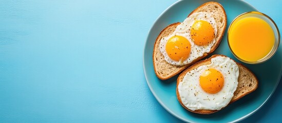 Fototapete - Healthy breakfast featuring eggs toast and orange juice on a blue background top view copyspace