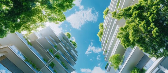 Poster - Contemporary multi storey structures set against a blue sky and green tree tops Copy space