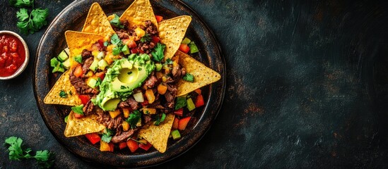 Leinwandbilder - Tasty Hispanic Mexican meal platter featuring nachos beef guacamole avocado and starfruit Spicy and hot Top view copy space