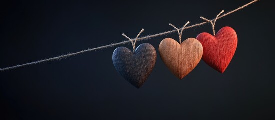 Poster - lovely wooden hearts strung on lines. with copy space image. Place for adding text or design