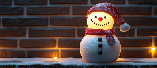 Poster - front view snowman night light against brick wall. with copy space image. Place for adding text or design