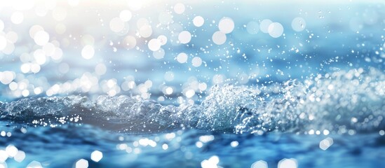 Aufkleber - Defocused blurred transparent blue calm water surface texture featuring splashes and bubbles Stylish abstract nature background Sunlit water waves with copy space Glimmering blue watercolor