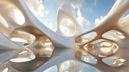 Poster - A futuristic, wavy abstract architecture depicted in a 3D render, including a concrete floor