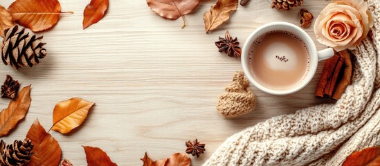 Aufkleber - Autumn arrangement Hot chocolate autumn leaves badon cinnamon cones roses gifts and a scarf on a light wood background Flat lay top view copy space