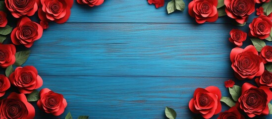 Fototapete - Top view of a bordered frame created with red paper roses Blue wooden surface Holiday background featuring copyspace for Mother s Day Valentine s Day and birthday themes