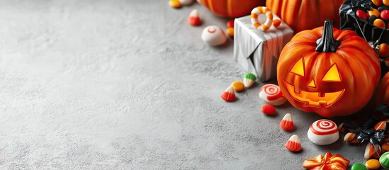 Poster - Arrangement of Halloween decorations a gift box and candies on a light background. with copy space image. Place for adding text or design