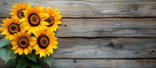 Aufkleber - Sunflowers against a weathered wooden backdrop Area for text. with copy space image. Place for adding text or design
