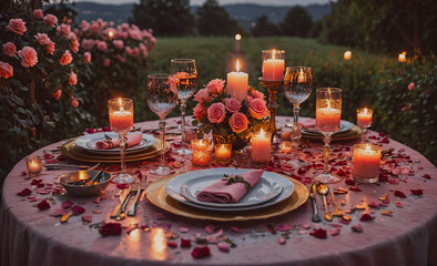 Poster - Table with a pink tablecloth and a pink floral centerpiece. There are candles on the table and a pink napkin