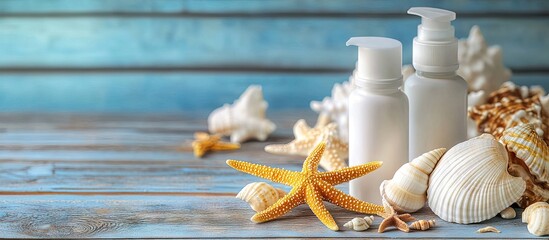 Aufkleber - Sunscreen bottles featuring seashells and starfish on a wooden table representing the concept of summer travel vacation. with copy space image. Place for adding text or design