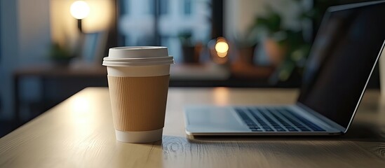 Poster - Coffee cup and laptop for professional use with a selective focus on the coffee. with copy space image. Place for adding text or design