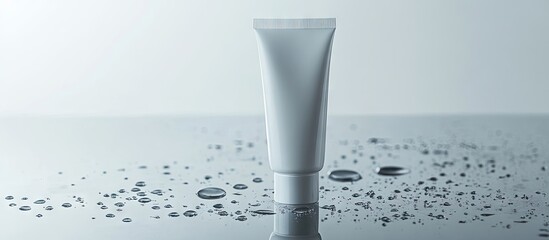 Poster - Moisturizing cream in a tube sitting on glass with water droplets set against a grey background. with copy space image. Place for adding text or design