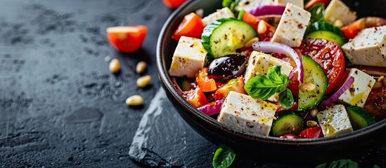 Fototapete - Close up macro Plant based meal Vegan Greek salad featuring tofu and pine nuts Dark background. with copy space image. Place for adding text or design