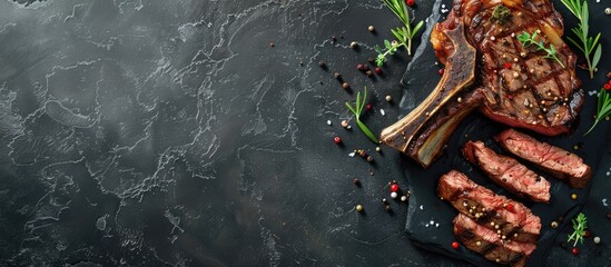 Fototapete - Grilled porterhouse beef steak T bone seasoned with herbs and spices Top view flat lay. with copy space image. Place for adding text or design