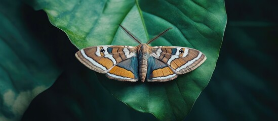 Poster - Paradrina clavipalpis moth on a green leaf outside with space for text. with copy space image. Place for adding text or design