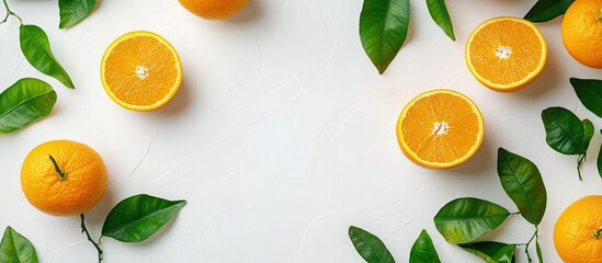 Wall Mural - Fresh juicy oranges accompanied by leaves on a white background. with copy space image. Place for adding text or design