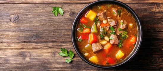 Fototapete - Bowl of beef and vegetable soup on a wooden surface. with copy space image. Place for adding text or design