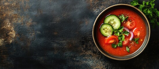 Poster - A bowl of gazpacho soup featuring slices of tomato cucumber and onion garnished with parsley leaves captured from above on a dark rustic surface with space for text. with copy space image