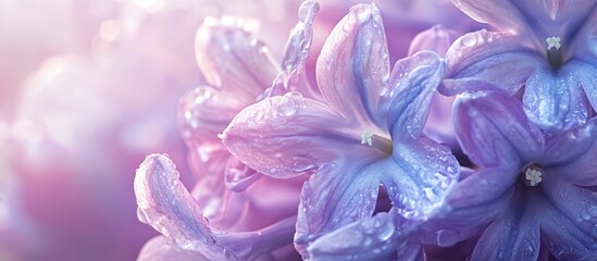 Poster - Fresh wet hyacinth flowers A super macro image of spring blooms featuring soft focus and a shallow depth of field A delicate and beautiful backdrop for posters greeting cards and wallpapers