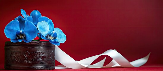 Aufkleber - Beautiful blue orchid flower and an ornate leather box with a white ribbon on a red background with copyspace