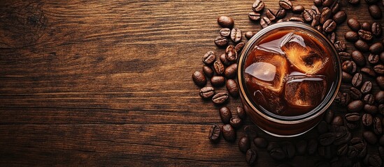 Aufkleber - iced coffee with coffee beans on a wooden surface. with copy space image. Place for adding text or design