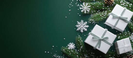 Wall Mural - Christmas image featuring white gift boxes branches of a Xmas tree and white decorative snowflakes on a green background. with copy space image. Place for adding text or design