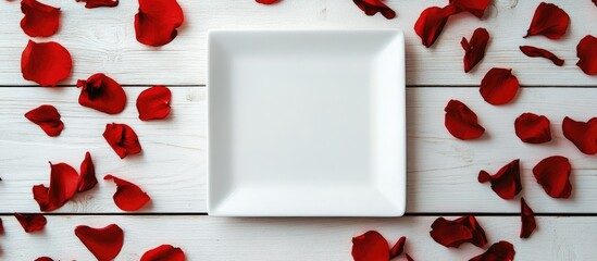 Fototapete - Background for the menu or postcard A square plate on a white wooden surface encircled by red petals. with copy space image. Place for adding text or design